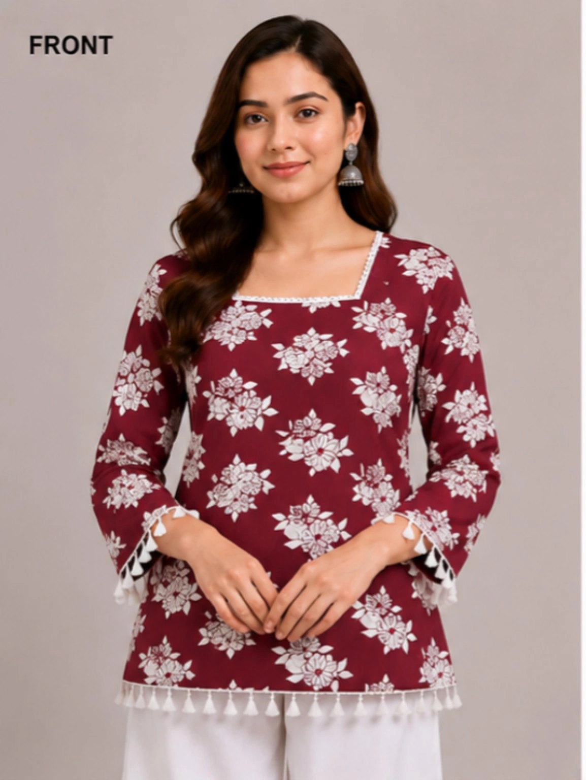 Red Floral Tassel Short Kurti
